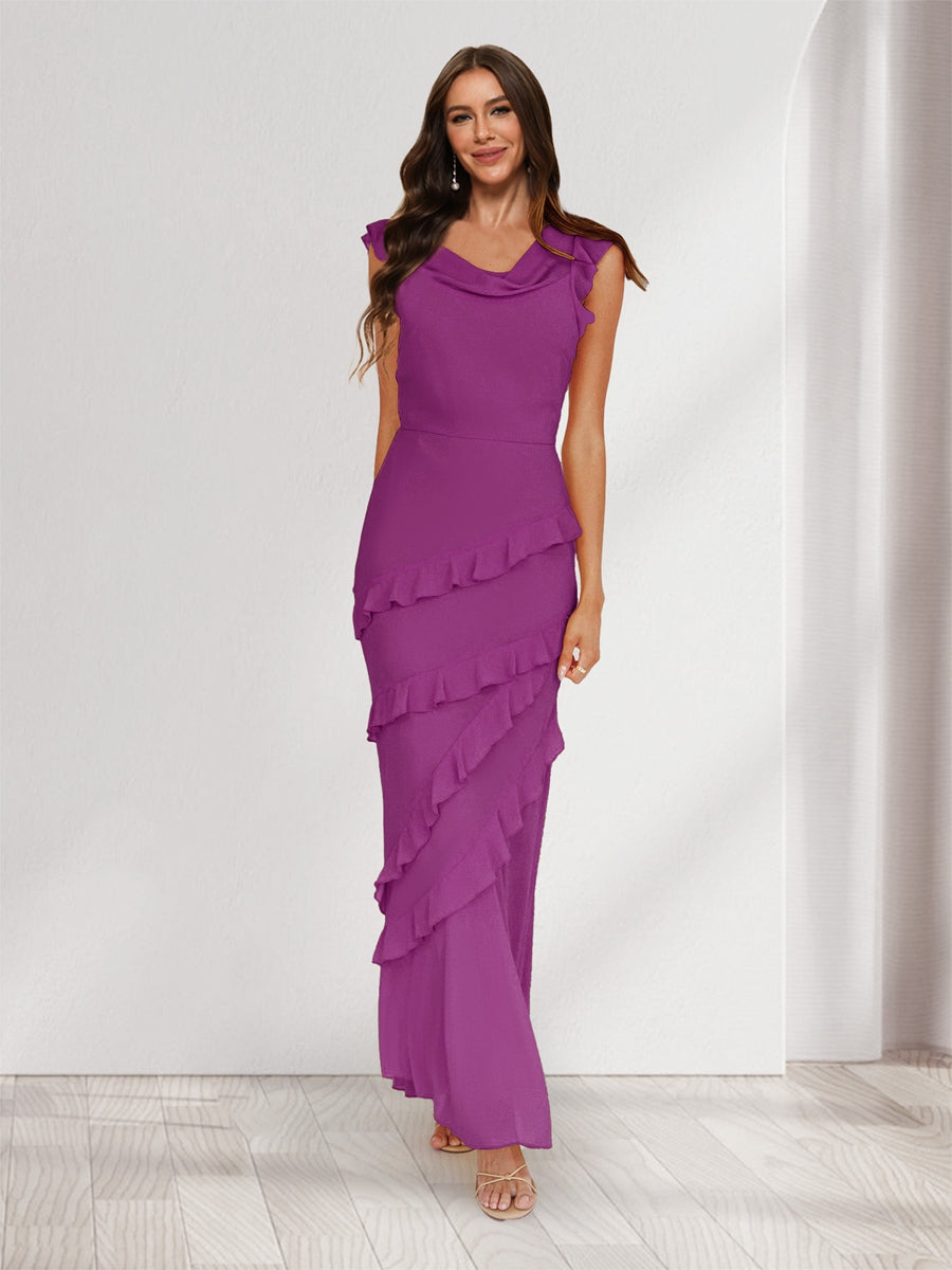 Sheath/Column Cowl Neck Sleeveless Ruffle Maxi Dresses Long Bridesmaid Dresses Orchid