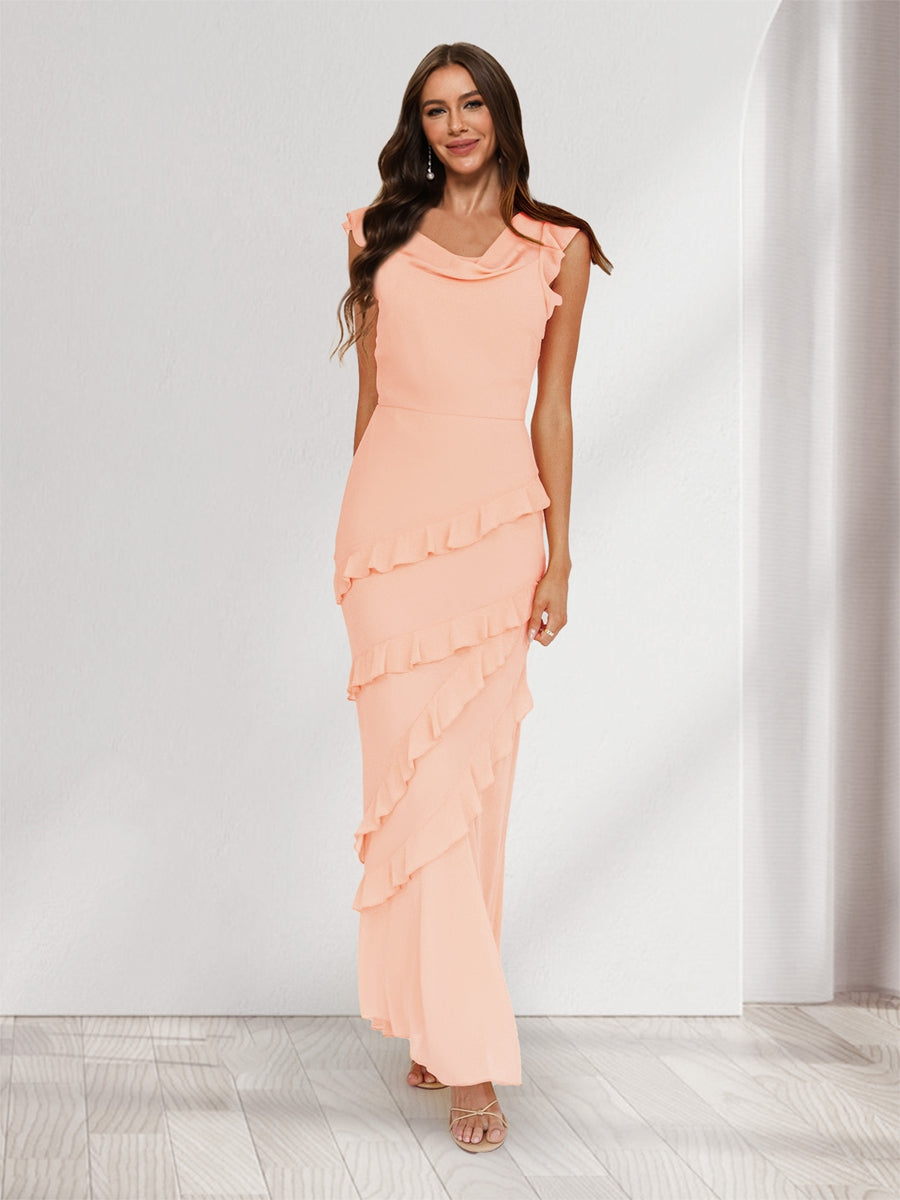 Sheath/Column Cowl Neck Sleeveless Ruffle Maxi Dresses Long Bridesmaid Dresses Peach Pink