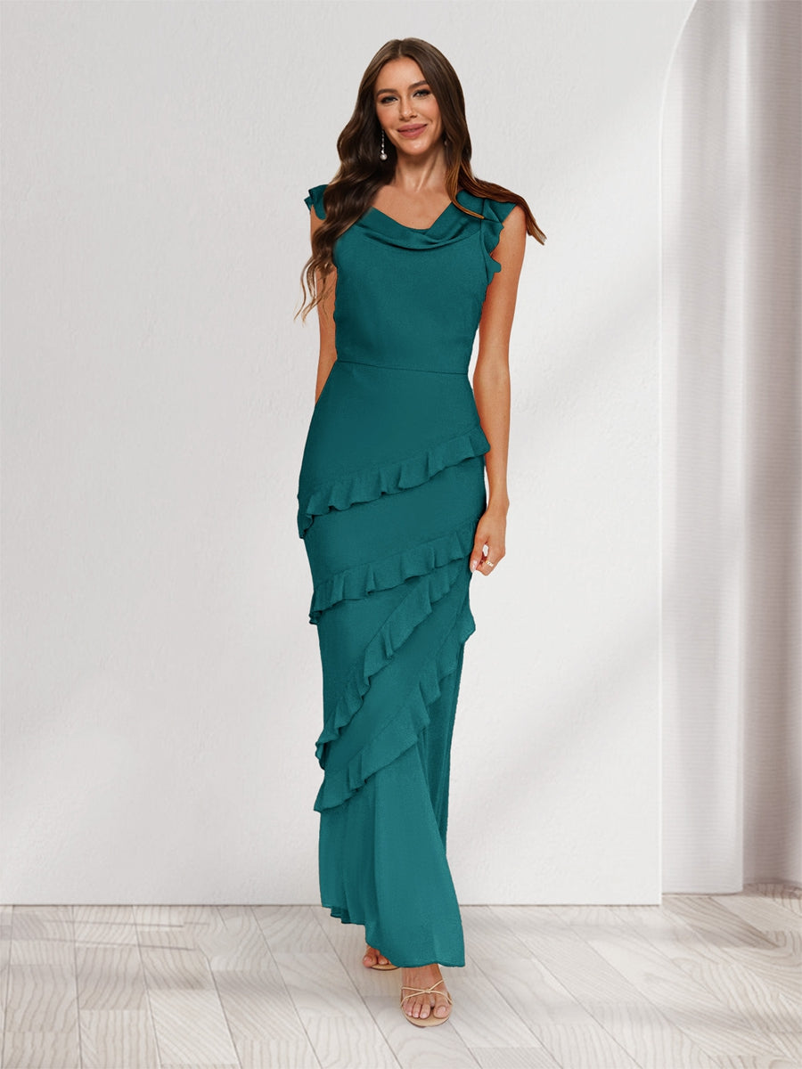 Sheath/Column Cowl Neck Sleeveless Ruffle Maxi Dresses Long Bridesmaid Dresses Peacock