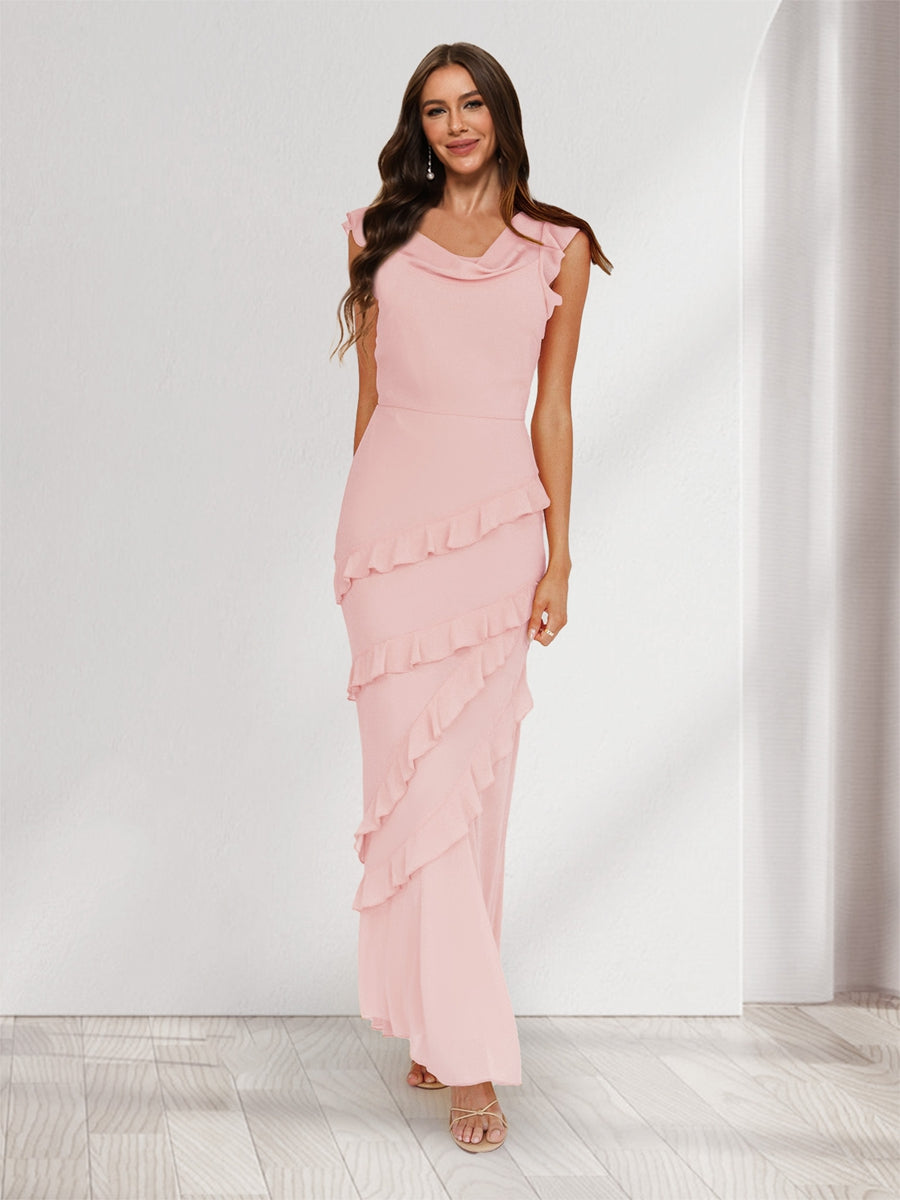 Sheath/Column Cowl Neck Sleeveless Ruffle Maxi Dresses Long Bridesmaid Dresses Pearl Pink