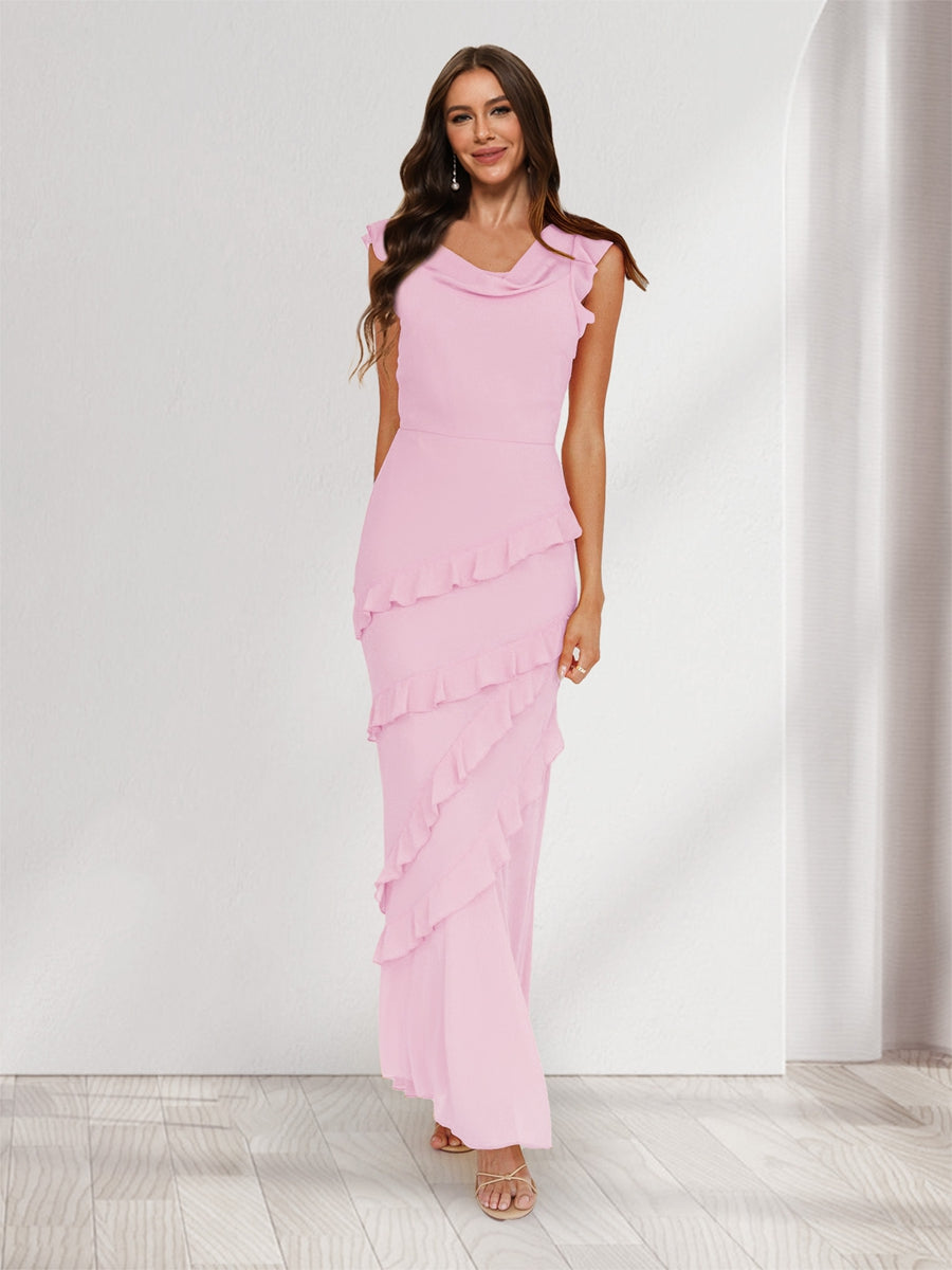 Sheath/Column Cowl Neck Sleeveless Ruffle Maxi Dresses Long Bridesmaid Dresses Pink