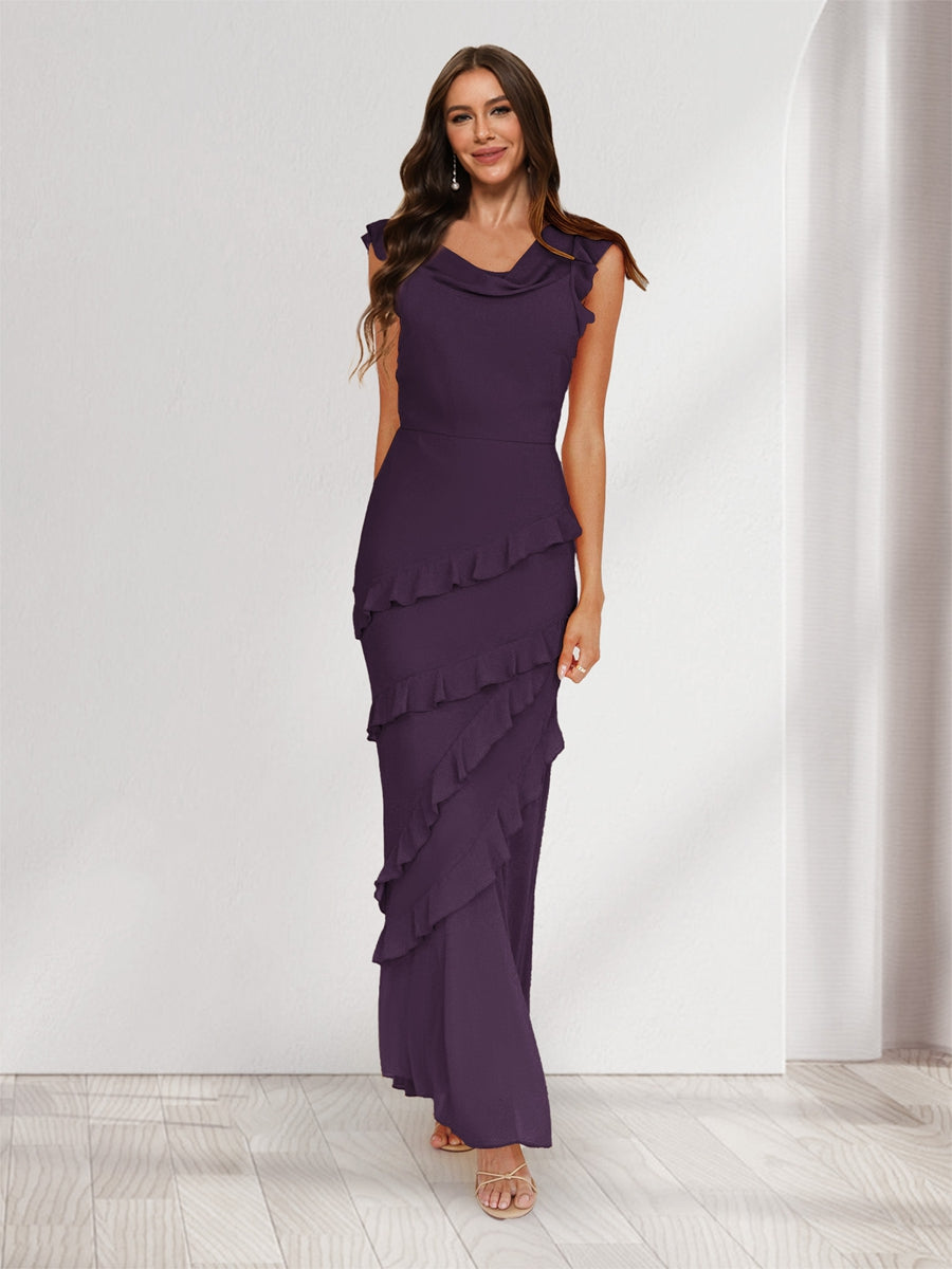 Sheath/Column Cowl Neck Sleeveless Ruffle Maxi Dresses Long Bridesmaid Dresses Plum