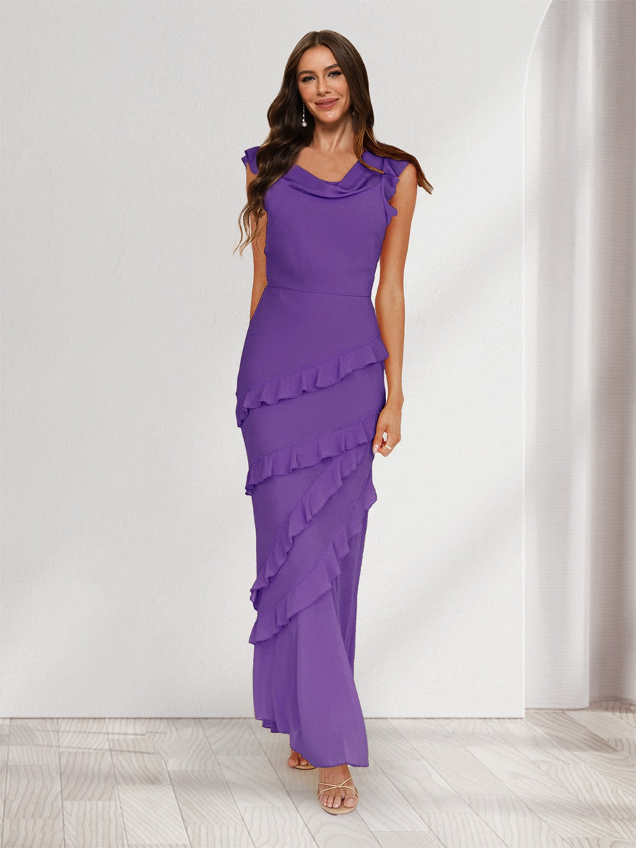Sheath/Column Cowl Neck Sleeveless Ruffle Maxi Dresses Long Bridesmaid Dresses Purple