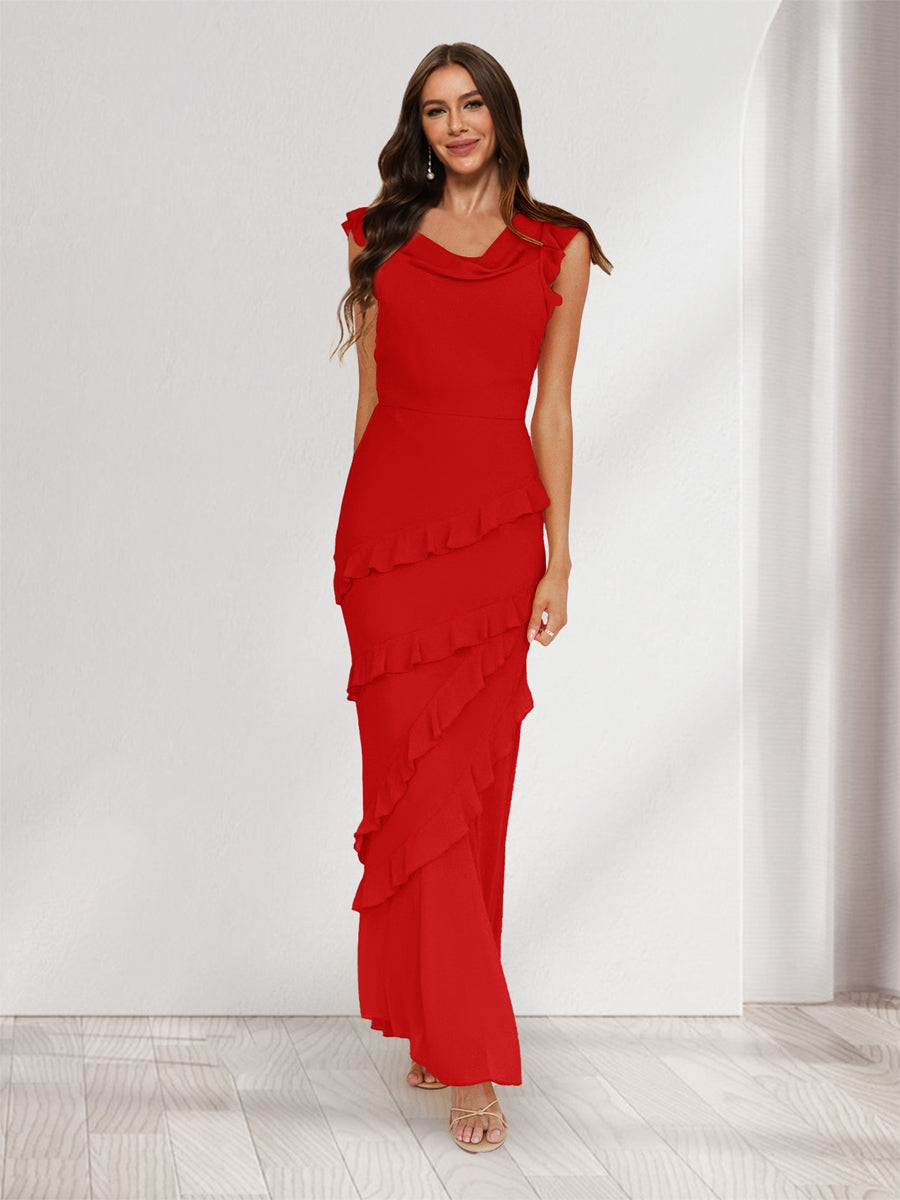 Sheath/Column Cowl Neck Sleeveless Ruffle Maxi Dresses Long Bridesmaid Dresses Red