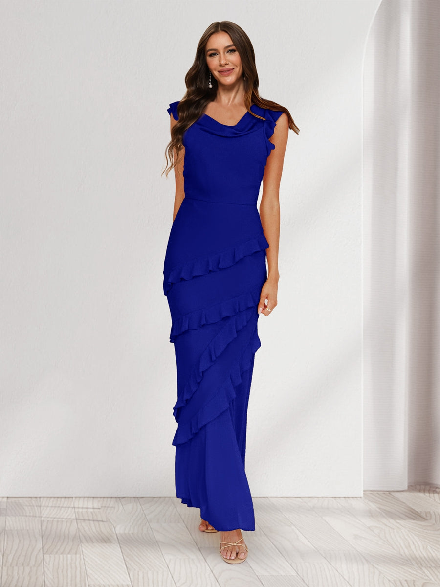 Sheath/Column Cowl Neck Sleeveless Ruffle Maxi Dresses Long Bridesmaid Dresses Royal Blue