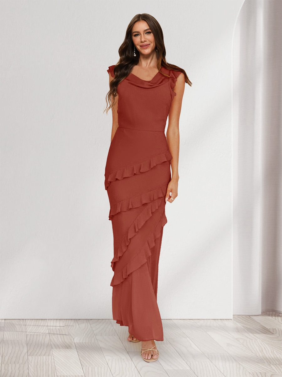 Sheath/Column Cowl Neck Sleeveless Ruffle Maxi Dresses Long Bridesmaid Dresses Rust