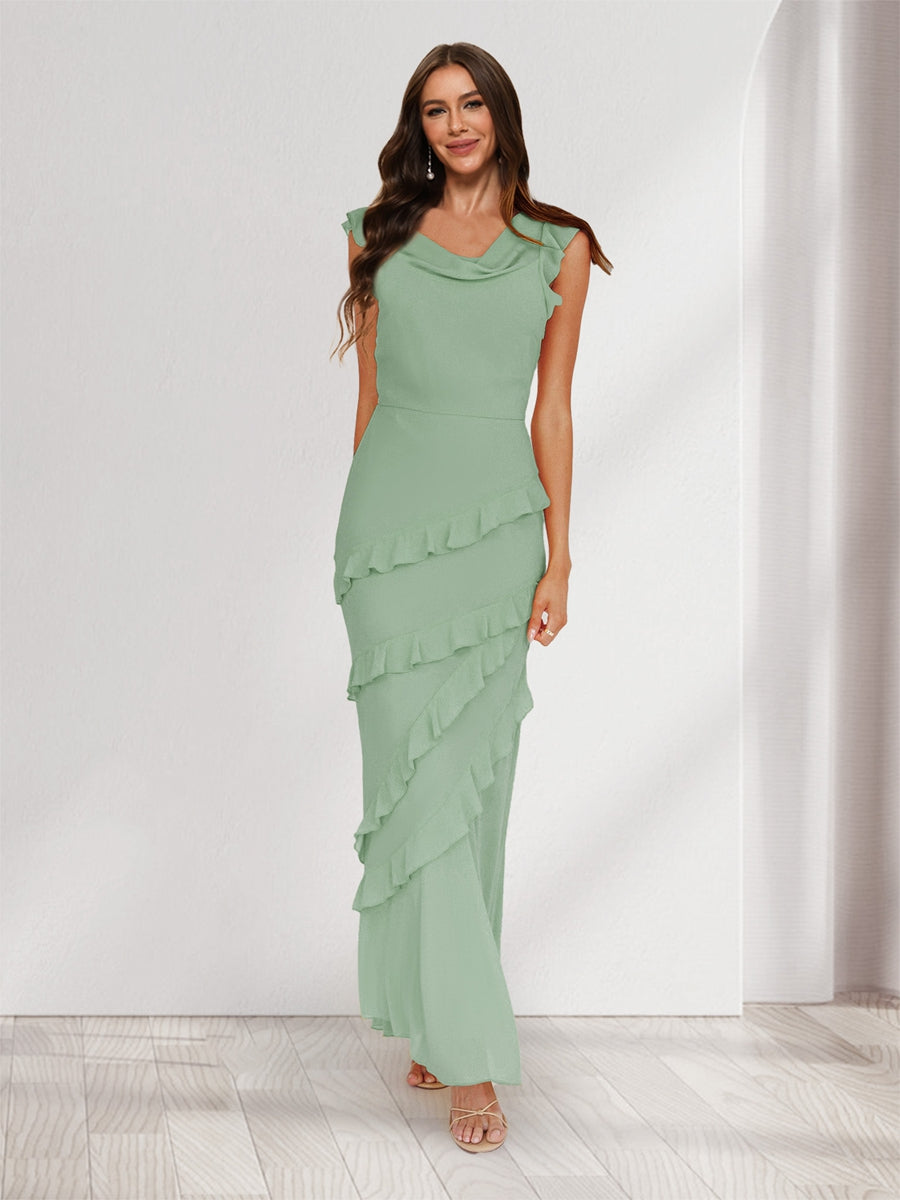 Sheath/Column Cowl Neck Sleeveless Ruffle Maxi Dresses Long Bridesmaid Dresses Sage