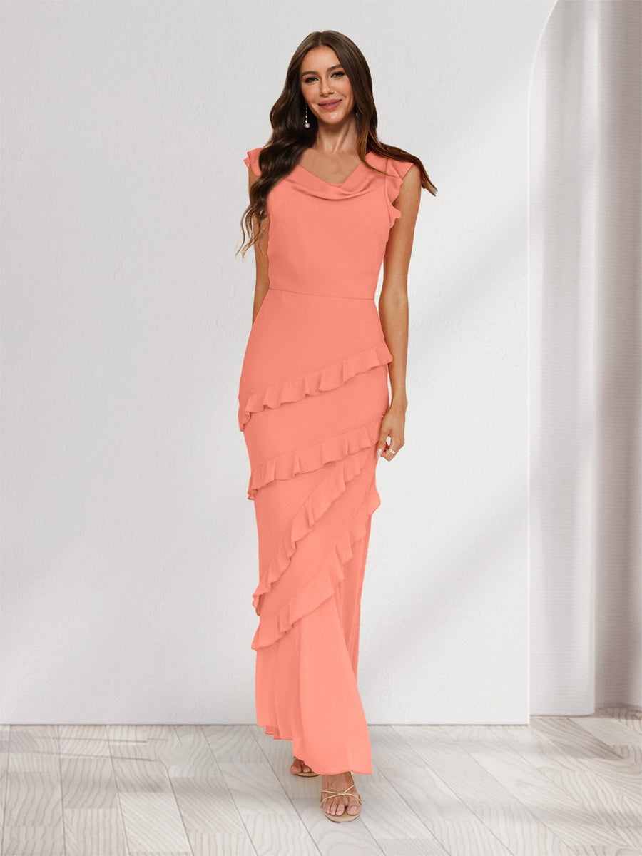 Sheath/Column Cowl Neck Sleeveless Ruffle Maxi Dresses Long Bridesmaid Dresses Salmon