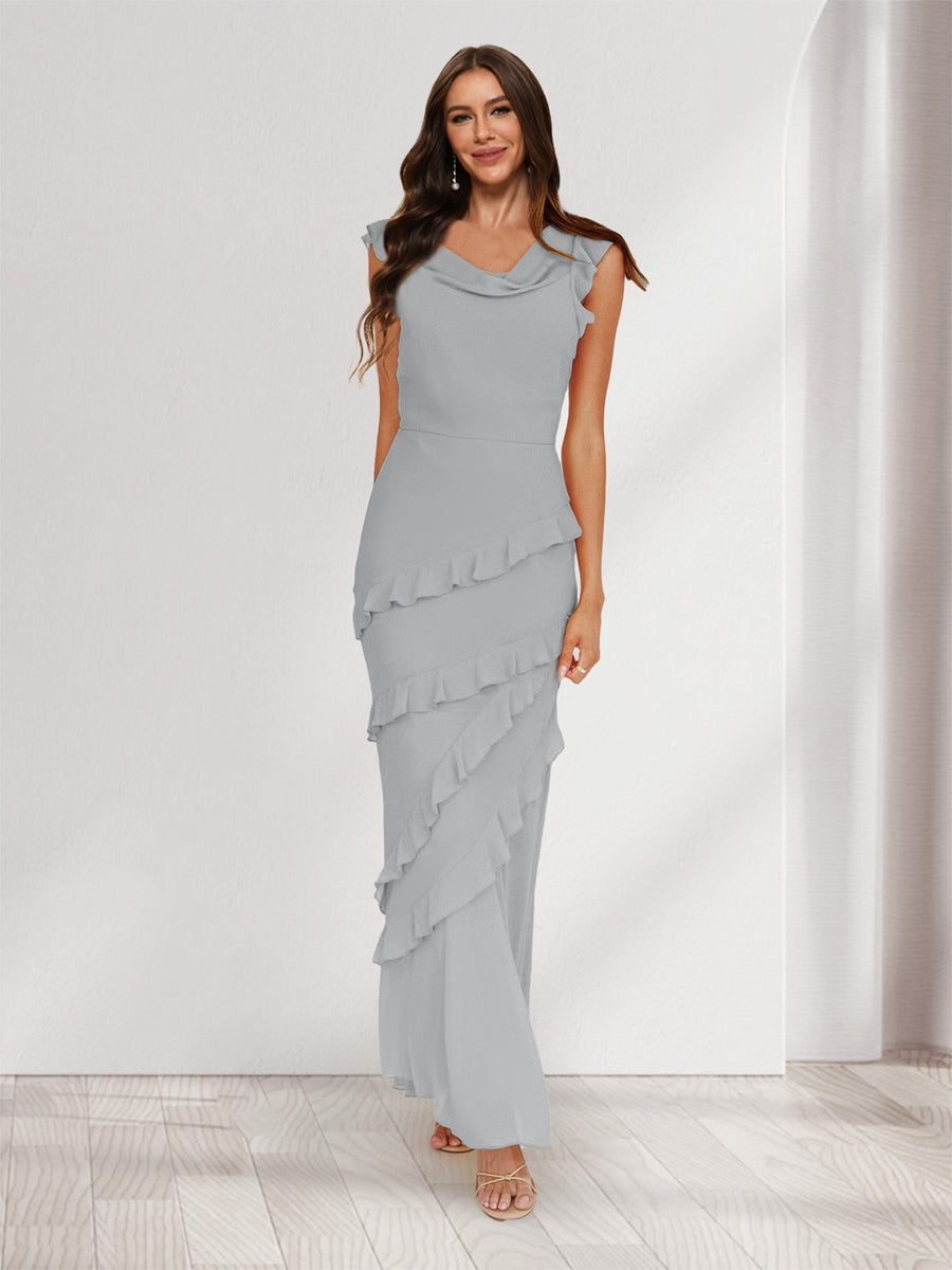 Sheath/Column Cowl Neck Sleeveless Ruffle Maxi Dresses Long Bridesmaid Dresses Silver