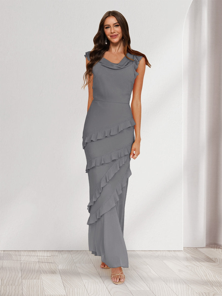 Sheath/Column Cowl Neck Sleeveless Ruffle Maxi Dresses Long Bridesmaid Dresses Silver Gray