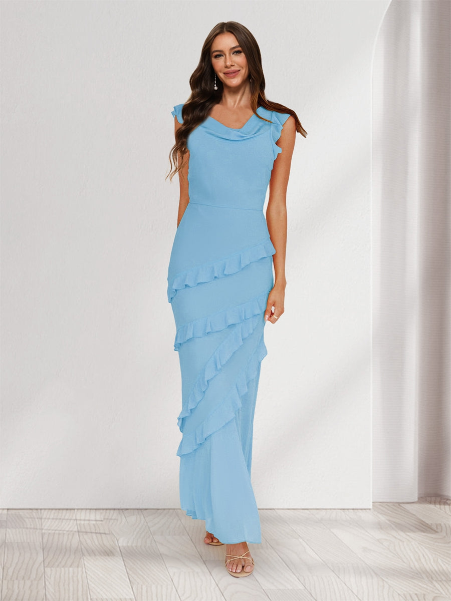 Sheath/Column Cowl Neck Sleeveless Ruffle Maxi Dresses Long Bridesmaid Dresses Sky Blue