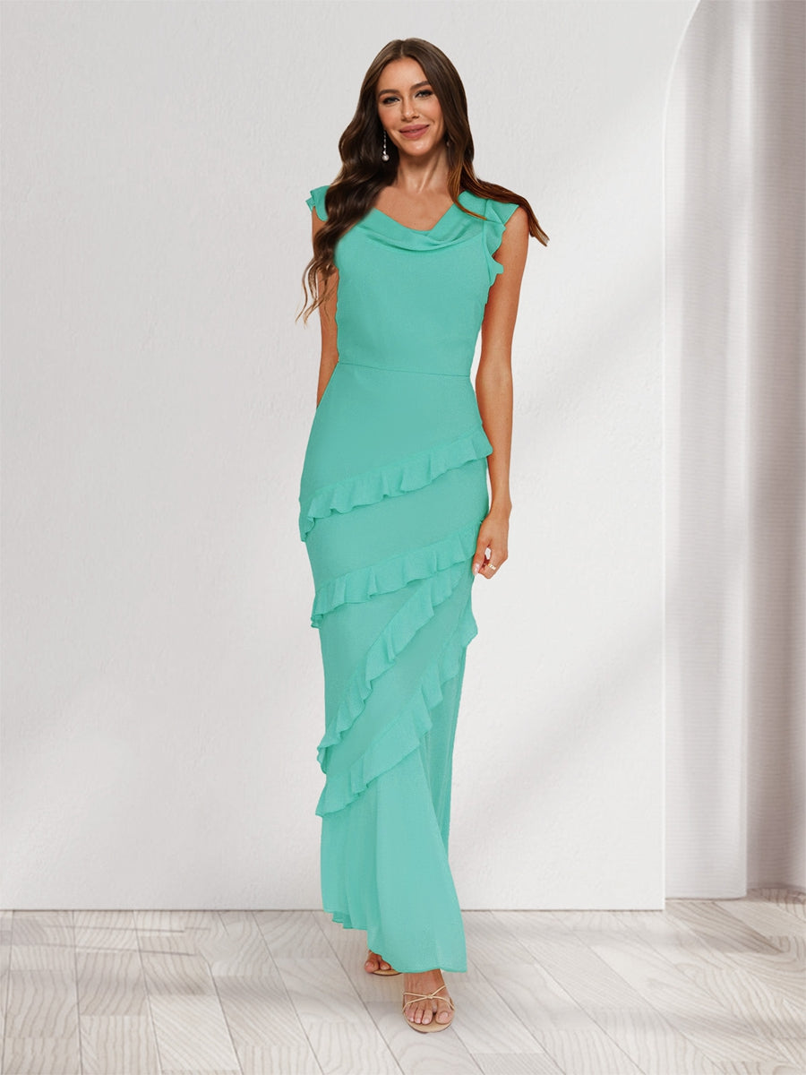 Sheath/Column Cowl Neck Sleeveless Ruffle Maxi Dresses Long Bridesmaid Dresses Spa