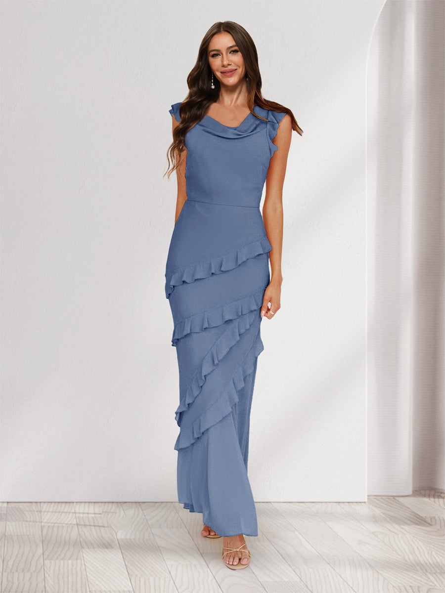 Sheath/Column Cowl Neck Sleeveless Ruffle Maxi Dresses Long Bridesmaid Dresses Steel Blue