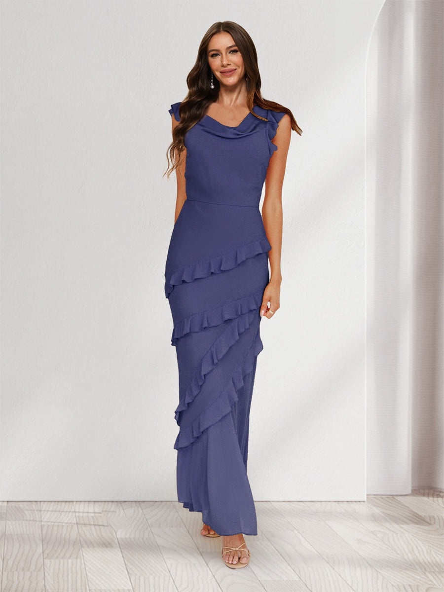 Sheath/Column Cowl Neck Sleeveless Ruffle Maxi Dresses Long Bridesmaid Dresses Stormy Blue