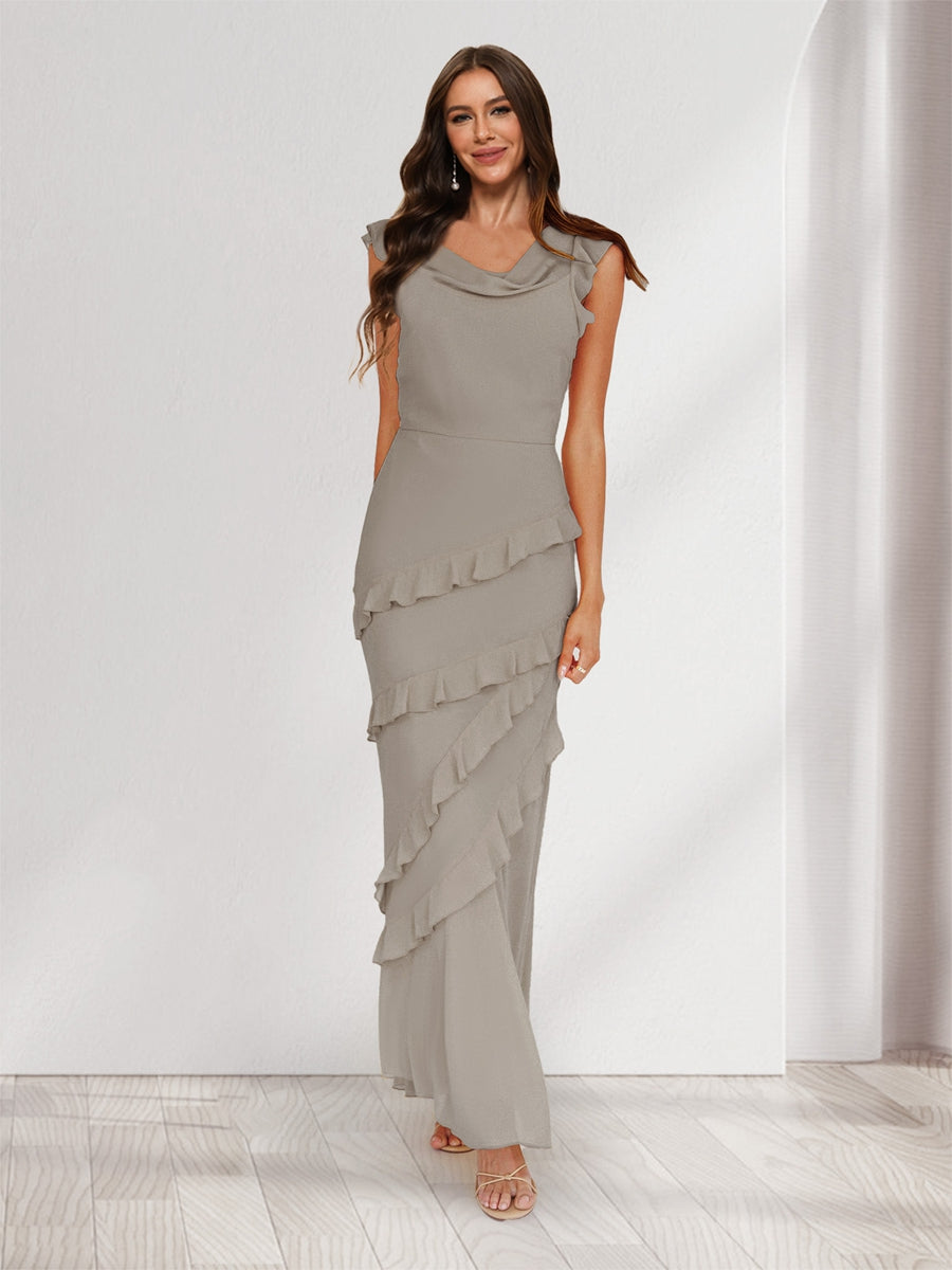 Sheath/Column Cowl Neck Sleeveless Ruffle Maxi Dresses Long Bridesmaid Dresses Taupe