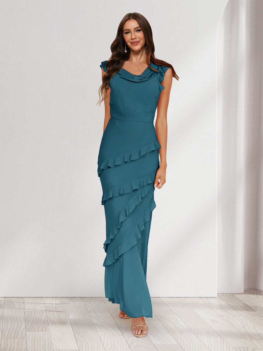 Sheath/Column Cowl Neck Sleeveless Ruffle Maxi Dresses Long Bridesmaid Dresses Teal