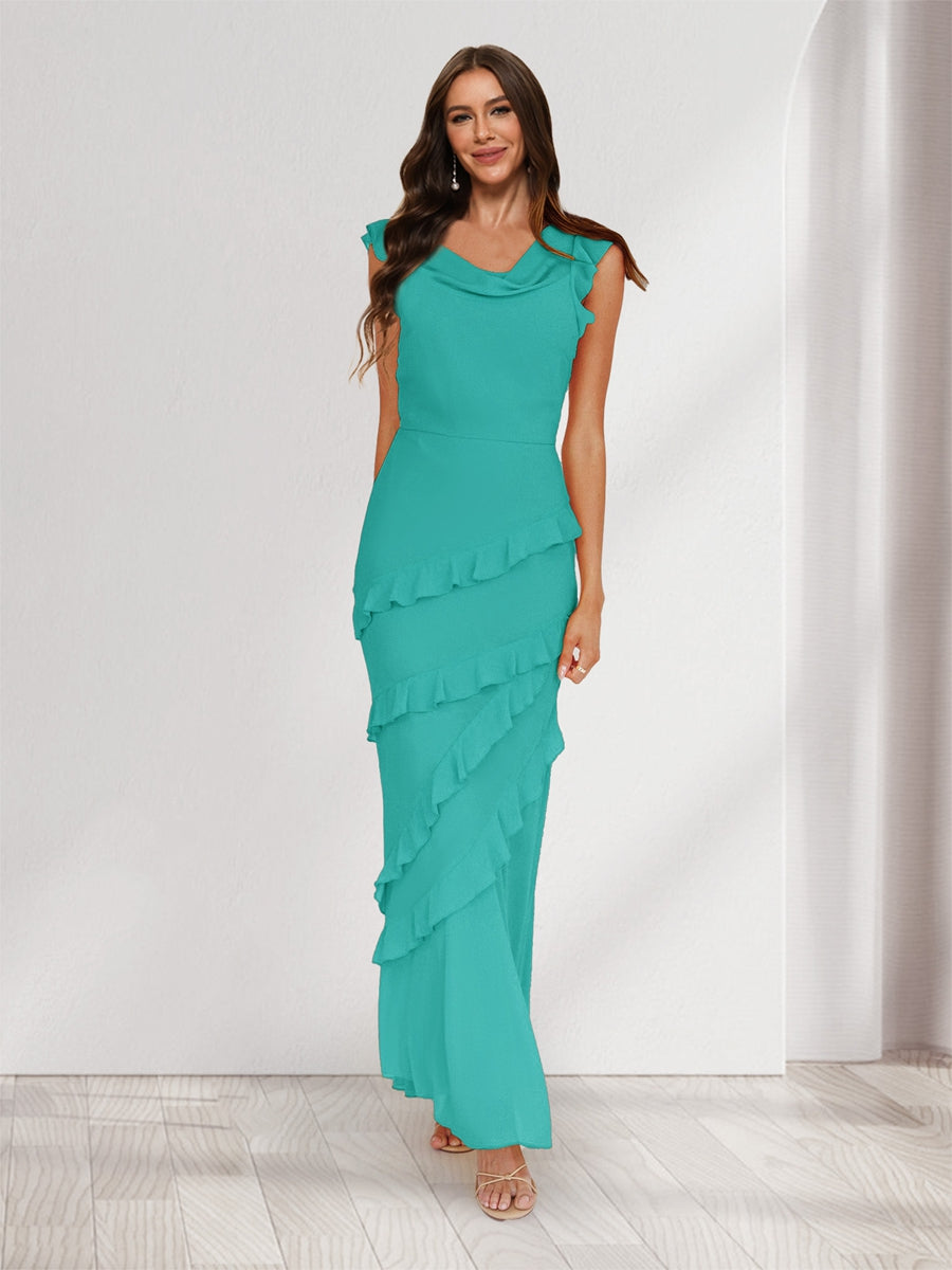 Sheath/Column Cowl Neck Sleeveless Ruffle Maxi Dresses Long Bridesmaid Dresses Turquoise