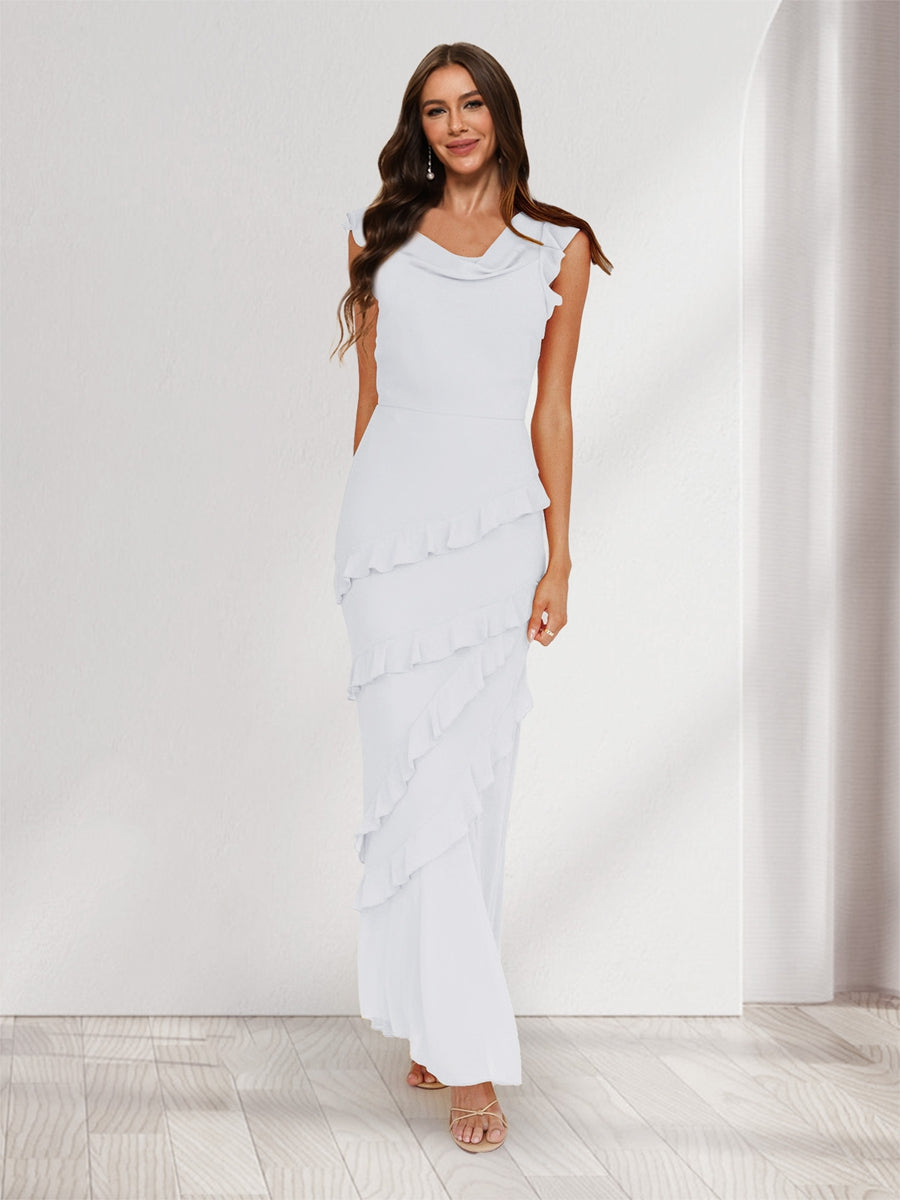 Sheath/Column Cowl Neck Sleeveless Ruffle Maxi Dresses Long Bridesmaid Dresses White