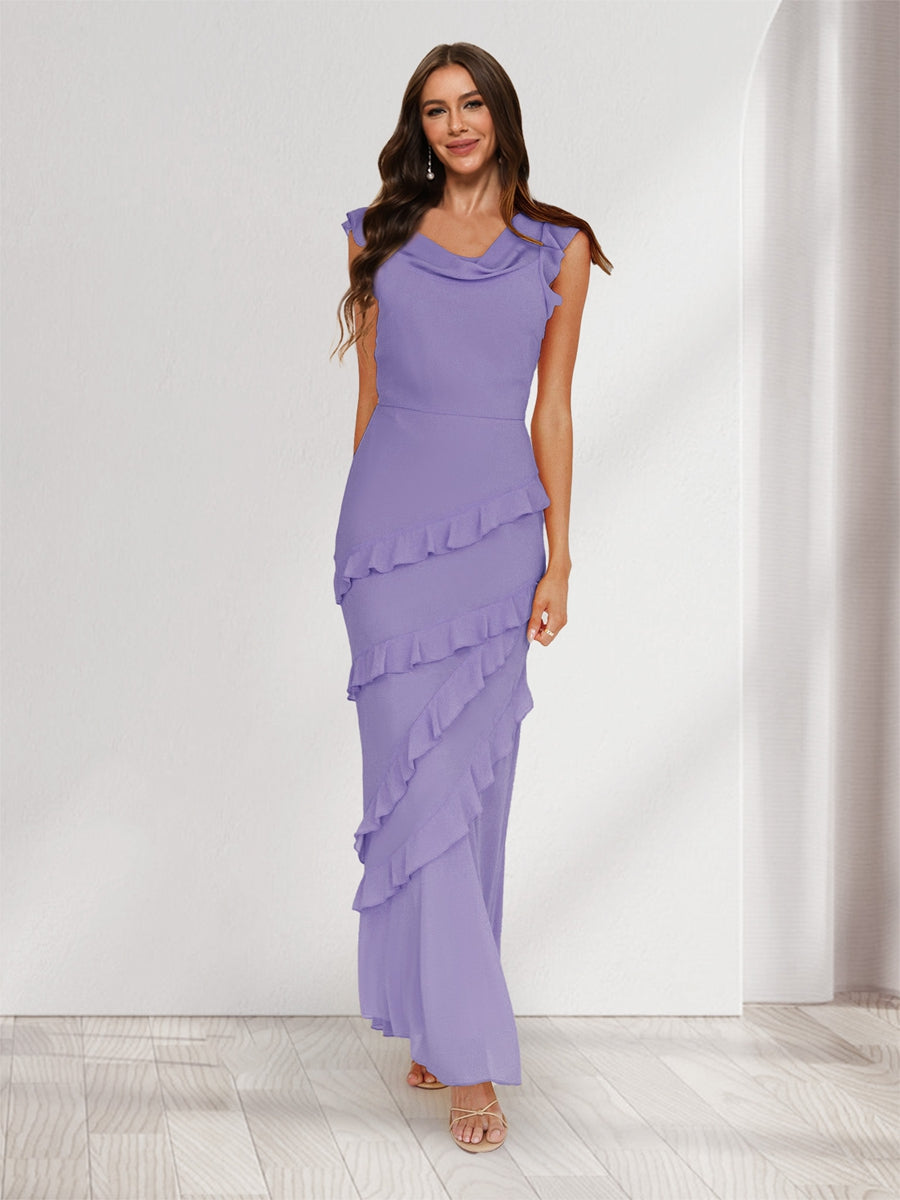 Sheath/Column Cowl Neck Sleeveless Ruffle Maxi Dresses Long Bridesmaid Dresses Wisteria