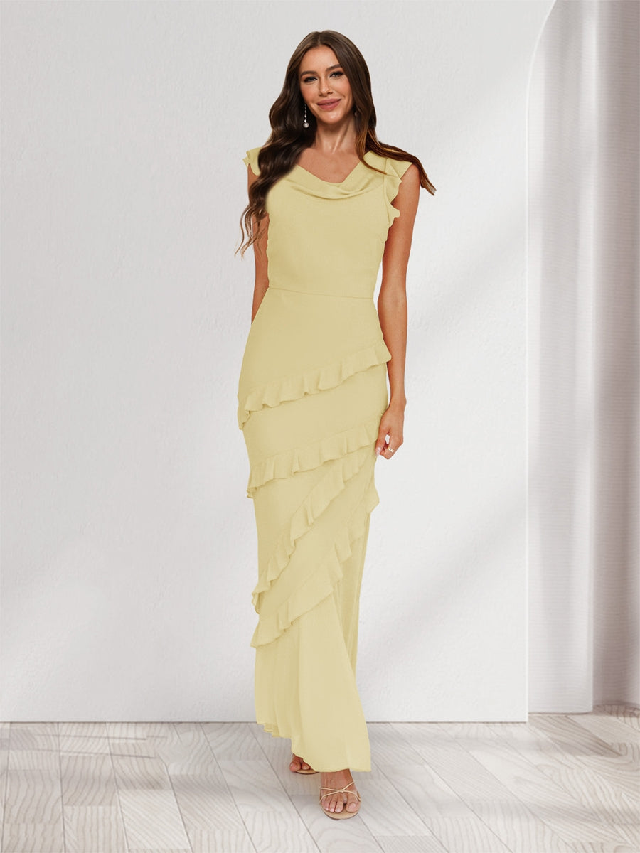 Sheath/Column Cowl Neck Sleeveless Ruffle Maxi Dresses Long Bridesmaid Dresses Yellow