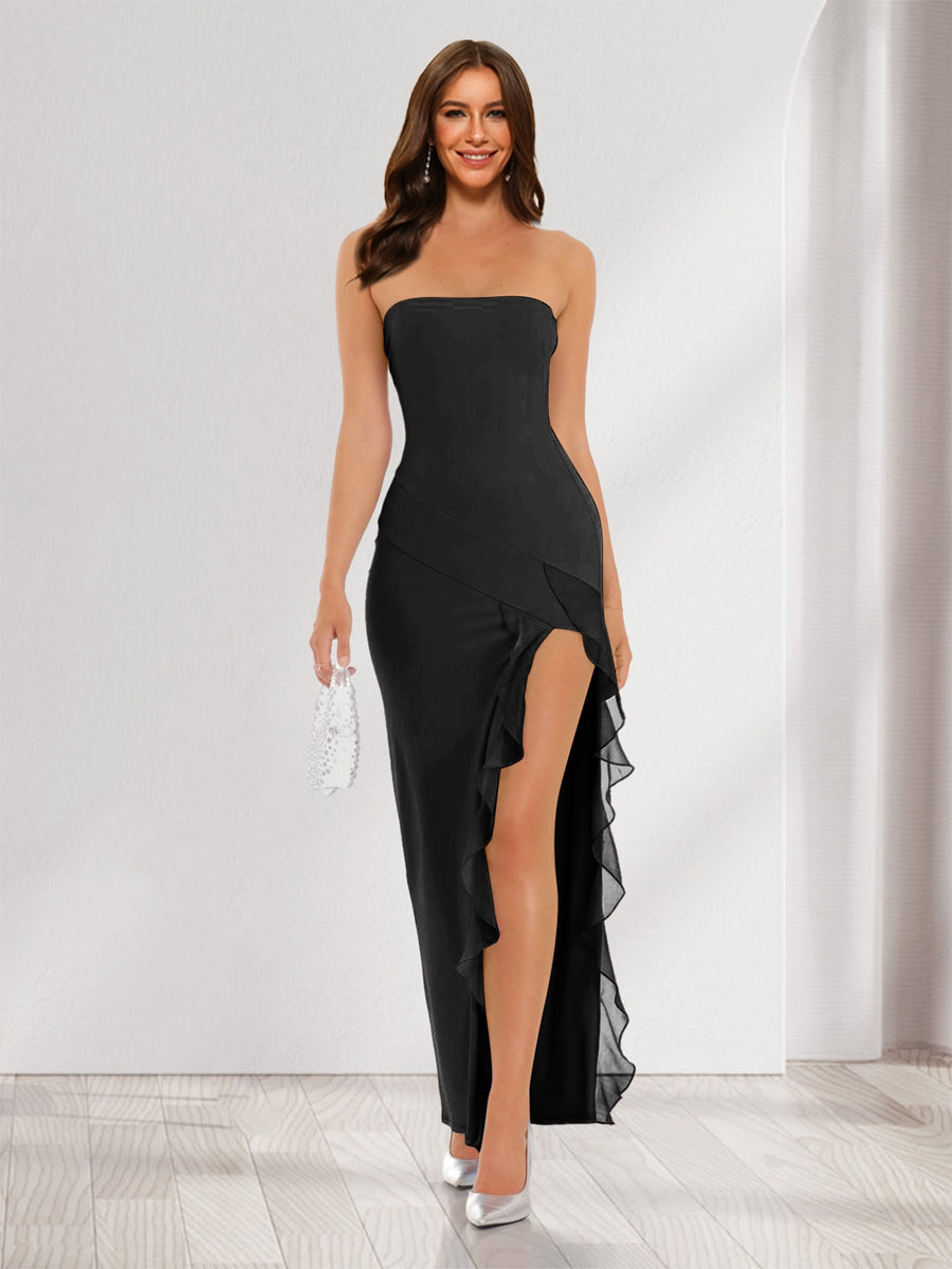 Sheath/Column Strapless Ruffle Slit Maxi Dresses Long Bridesmaid Dresses Black