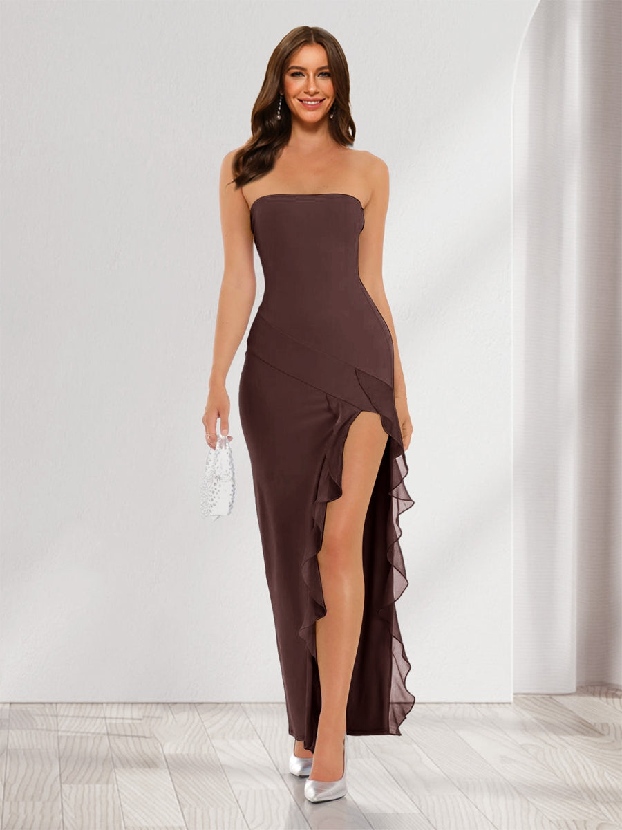 Sheath/Column Strapless Ruffle Slit Maxi Dresses Long Bridesmaid Dresses Brown