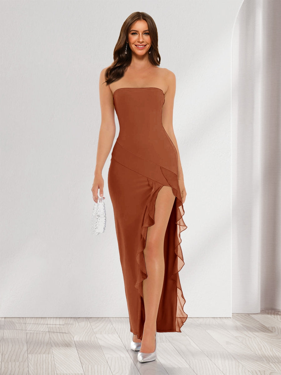 Sheath/Column Strapless Ruffle Slit Maxi Dresses Long Bridesmaid Dresses Burnt Orange