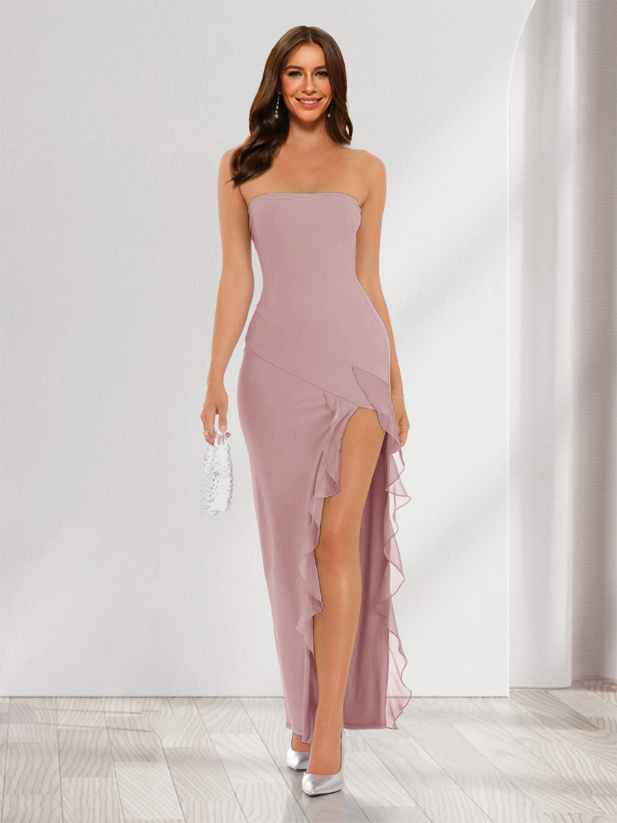 Sheath/Column Strapless Ruffle Slit Maxi Dresses Long Bridesmaid Dresses Dusty Pink