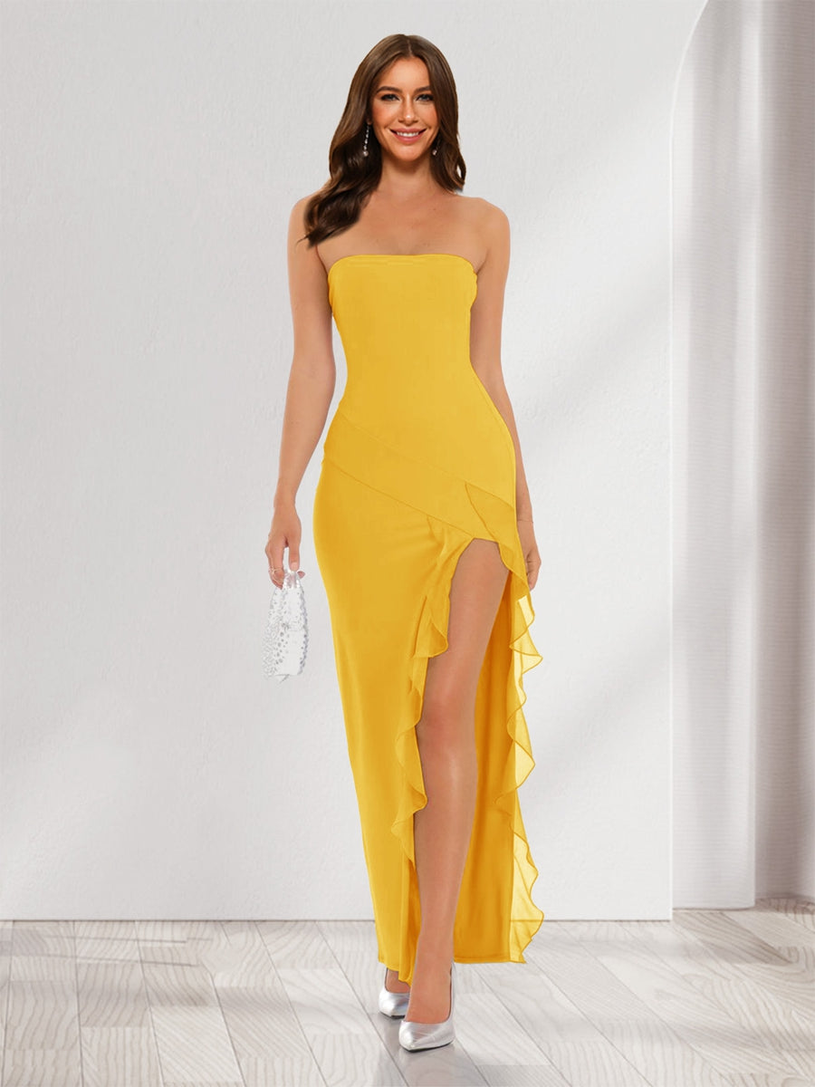 Sheath/Column Strapless Ruffle Slit Maxi Dresses Long Bridesmaid Dresses Gold