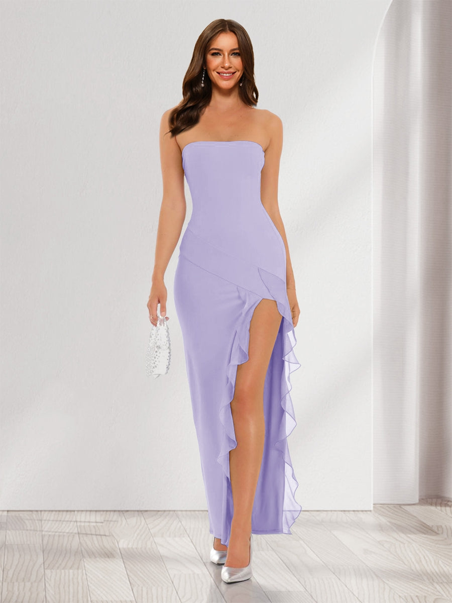 Sheath/Column Strapless Ruffle Slit Maxi Dresses Long Bridesmaid Dresses Lilac