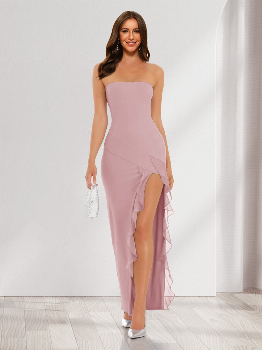 Sheath/Column Strapless Ruffle Slit Maxi Dresses Long Bridesmaid Dresses Mauve