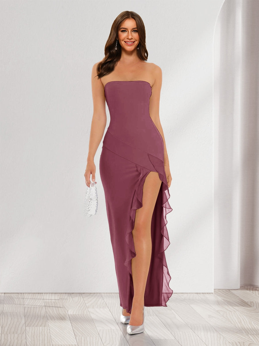 Sheath/Column Strapless Ruffle Slit Maxi Dresses Long Bridesmaid Dresses Mulberry