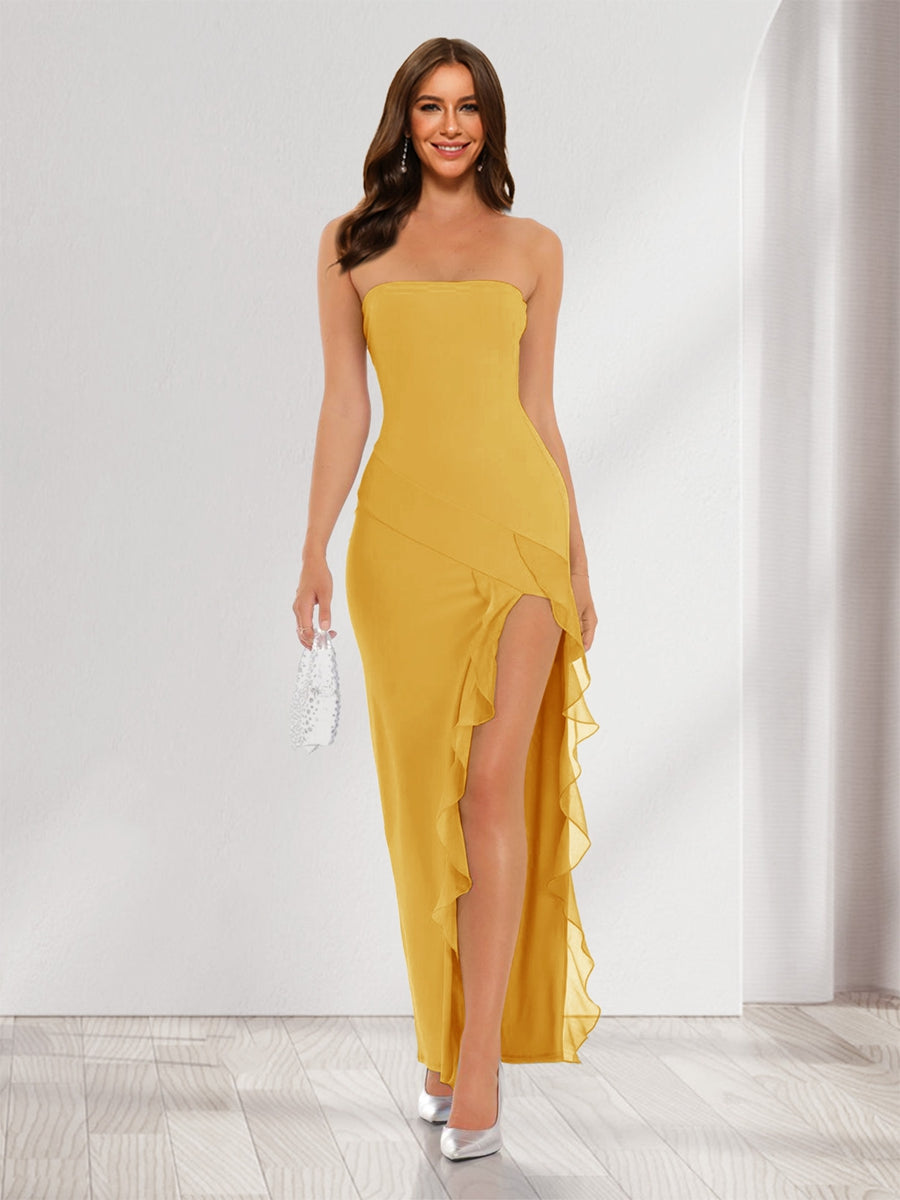 Sheath/Column Strapless Ruffle Slit Maxi Dresses Long Bridesmaid Dresses Mustard Yellow