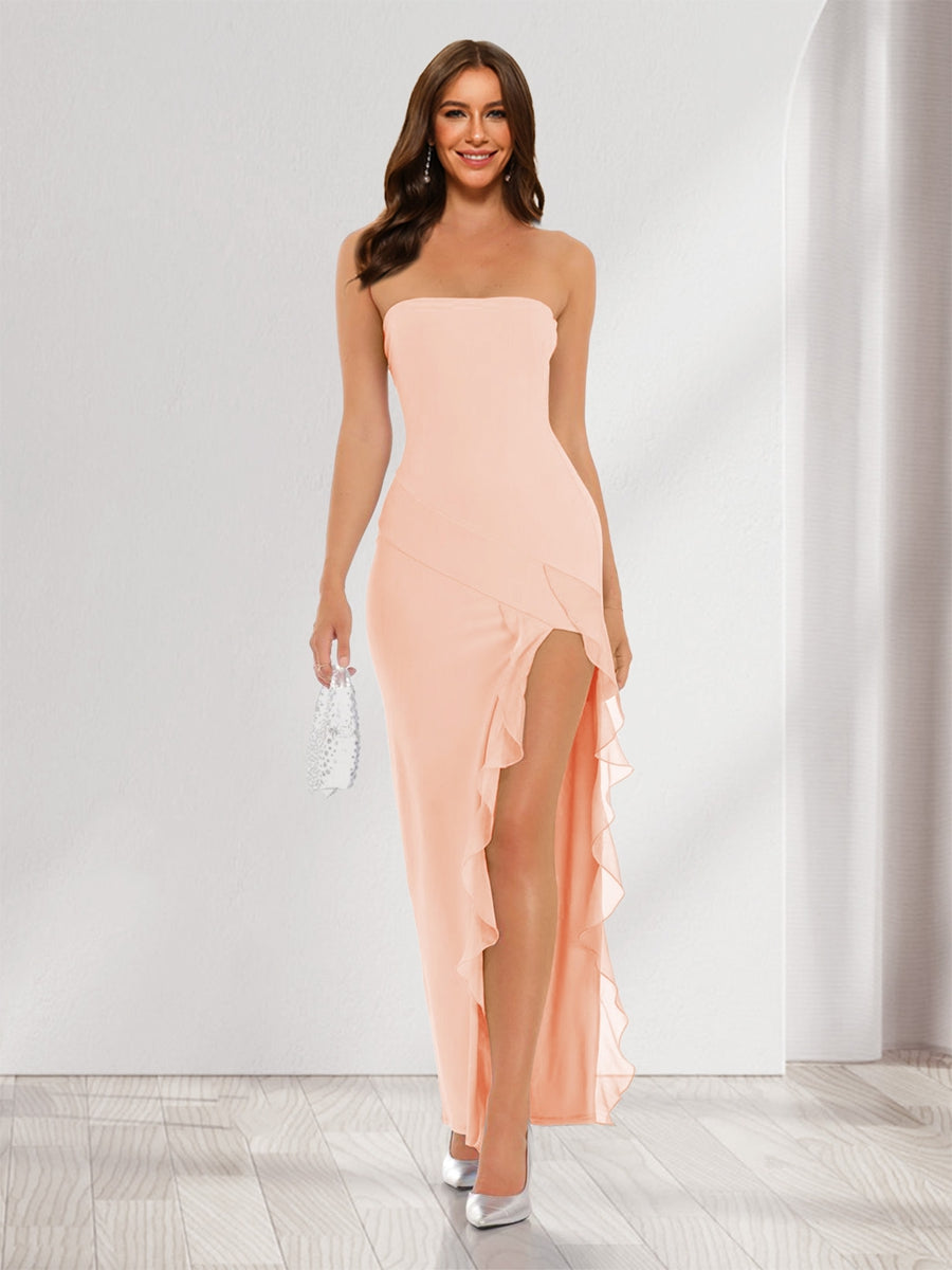 Sheath/Column Strapless Ruffle Slit Maxi Dresses Long Bridesmaid Dresses Peach Pink