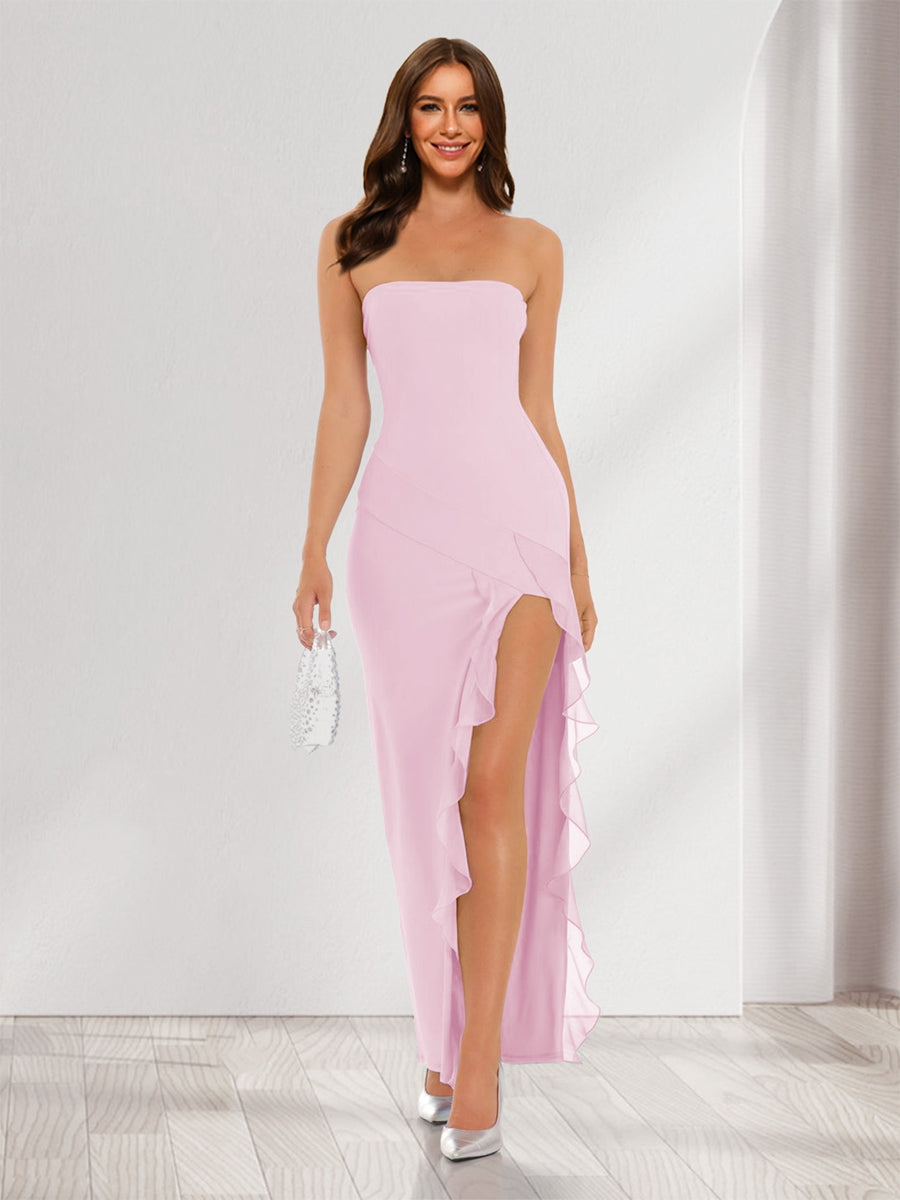 Sheath/Column Strapless Ruffle Slit Maxi Dresses Long Bridesmaid Dresses Pink