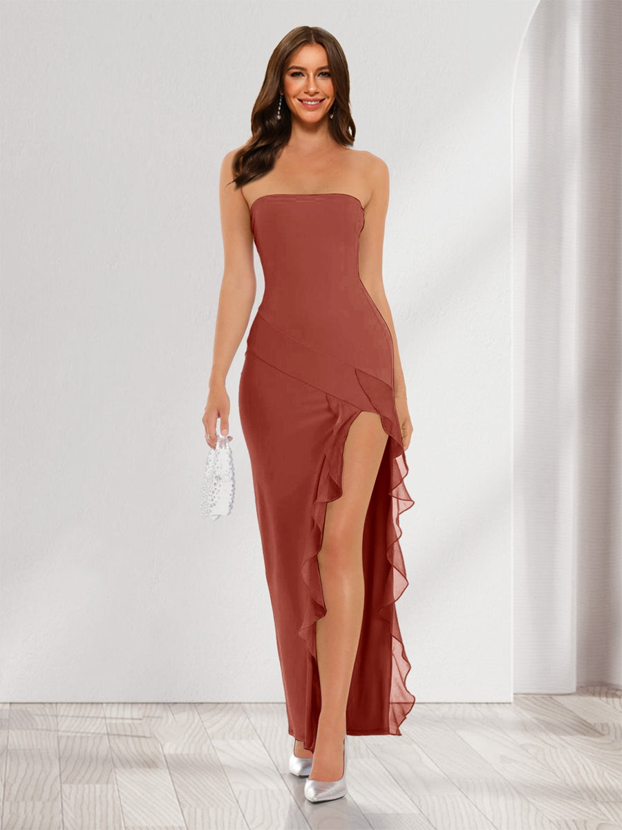 Sheath/Column Strapless Ruffle Slit Maxi Dresses Long Bridesmaid Dresses Rust