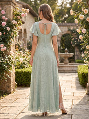 A-Line/Princess Square Neck Short Ruffle Sleeves Floral Bridesmaid Dresses with Split Side Dusty Rose