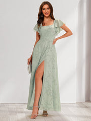 A-Line/Princess Square Neck Short Ruffle Sleeves Floral Bridesmaid Dresses with Split Side Burgundy