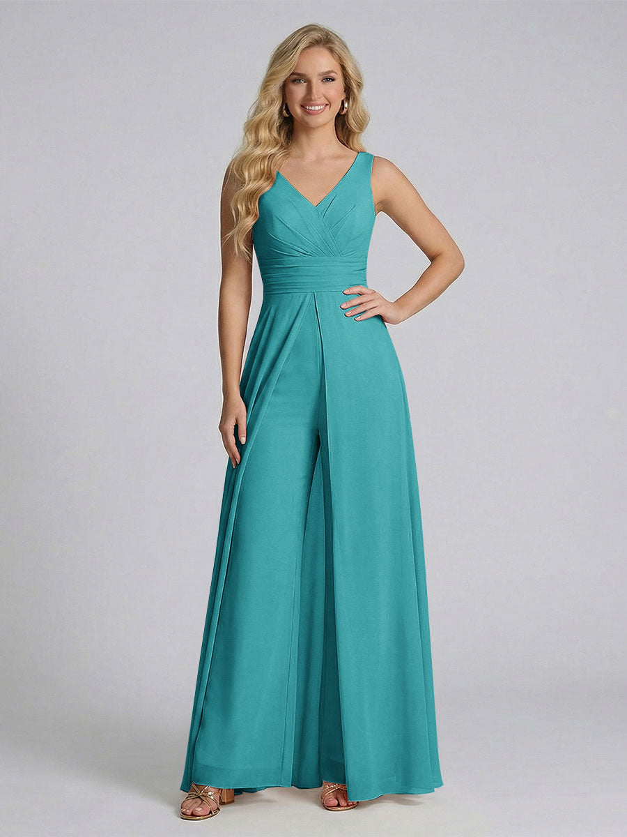Jumpsuit V-Neck Sleeveless Chiffon Bridesmaid Dresses with Split Side Aqua Blue