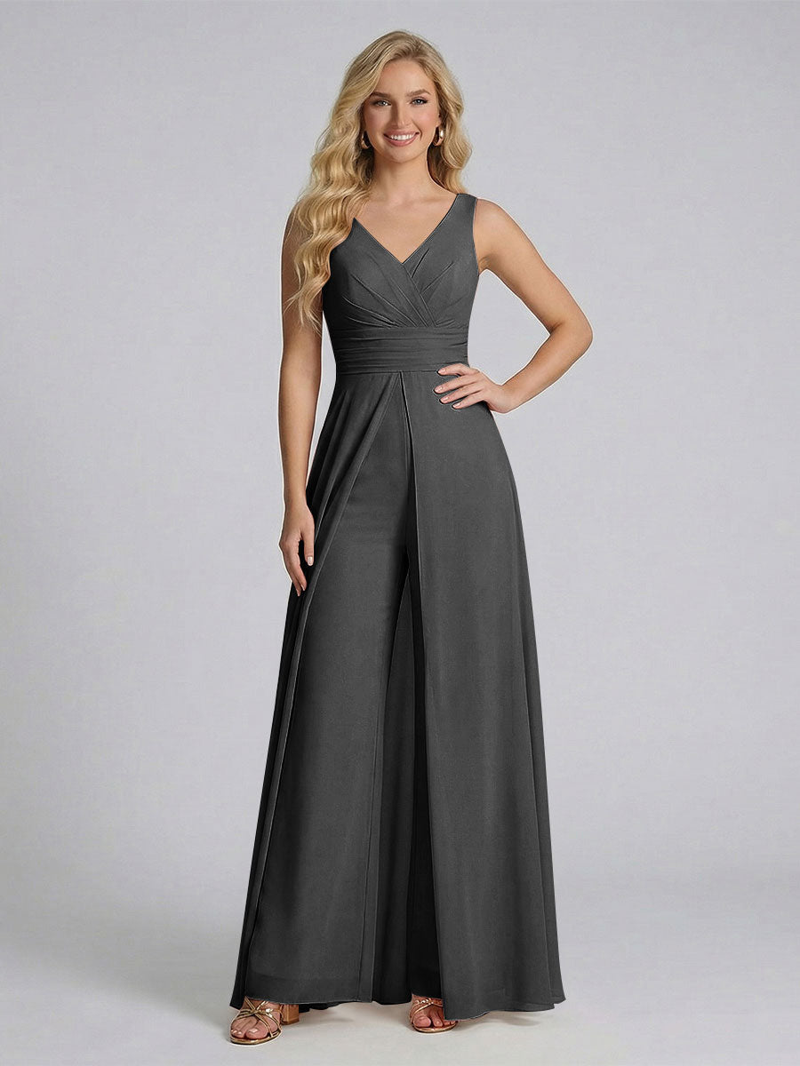 Jumpsuit V-Neck Sleeveless Chiffon Bridesmaid Dresses with Split Side Black