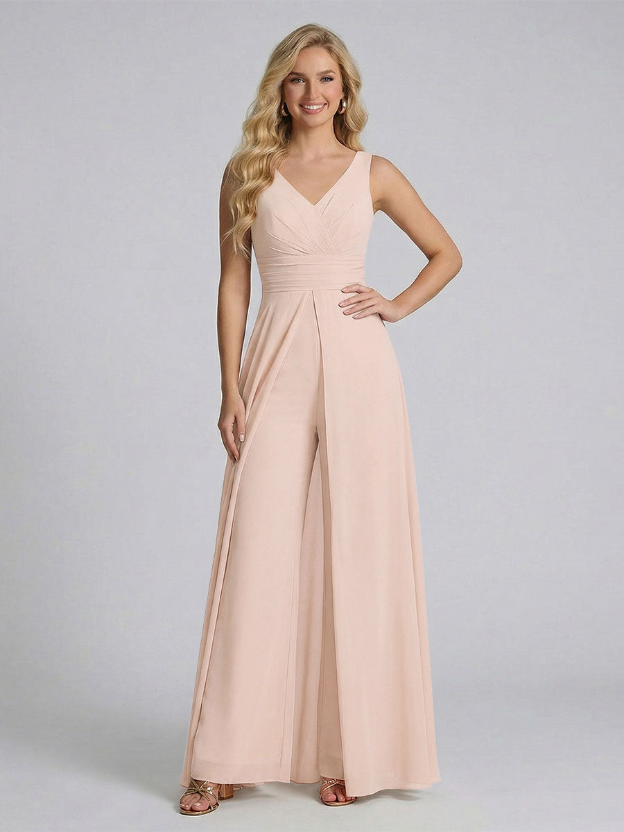 Jumpsuit V-Neck Sleeveless Chiffon Bridesmaid Dresses with Split Side Blush Pink