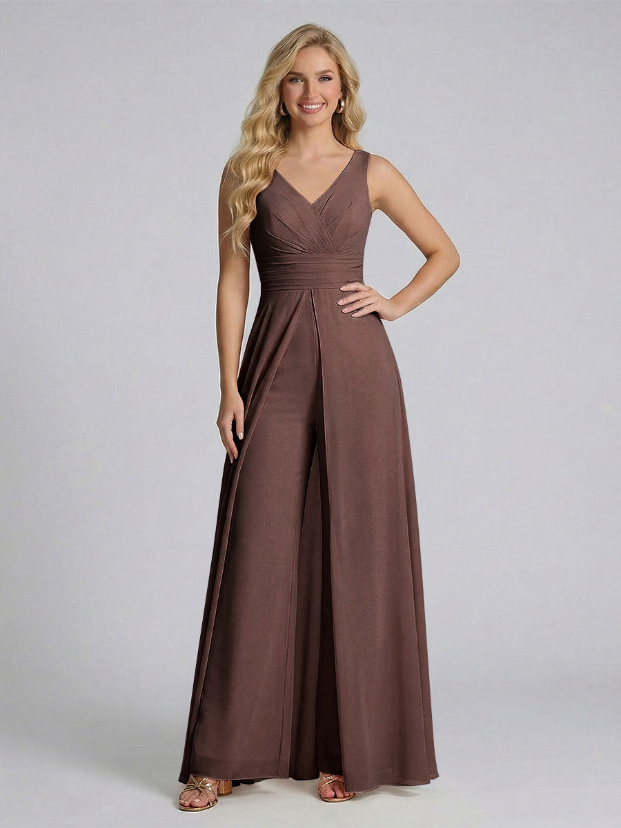 Jumpsuit V-Neck Sleeveless Chiffon Bridesmaid Dresses with Split Side Brown