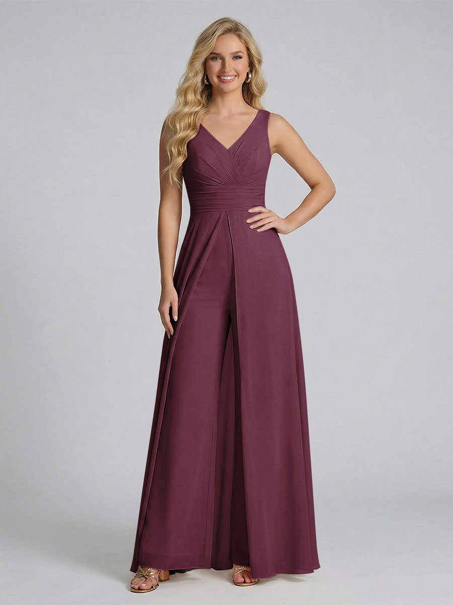 Jumpsuit V-Neck Sleeveless Chiffon Bridesmaid Dresses with Split Side Burgundy