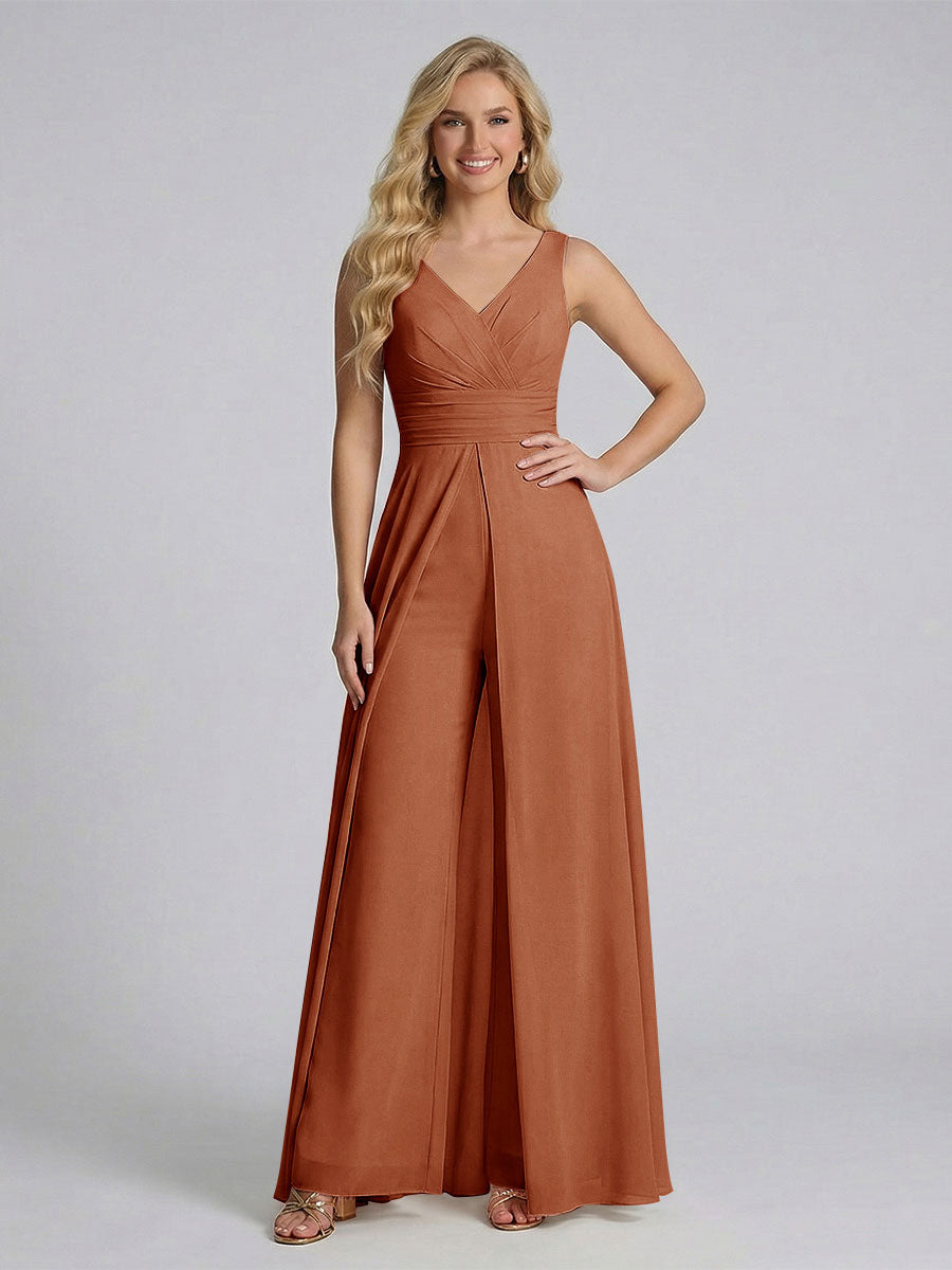 Jumpsuit V-Neck Sleeveless Chiffon Bridesmaid Dresses with Split Side Burnt Orange