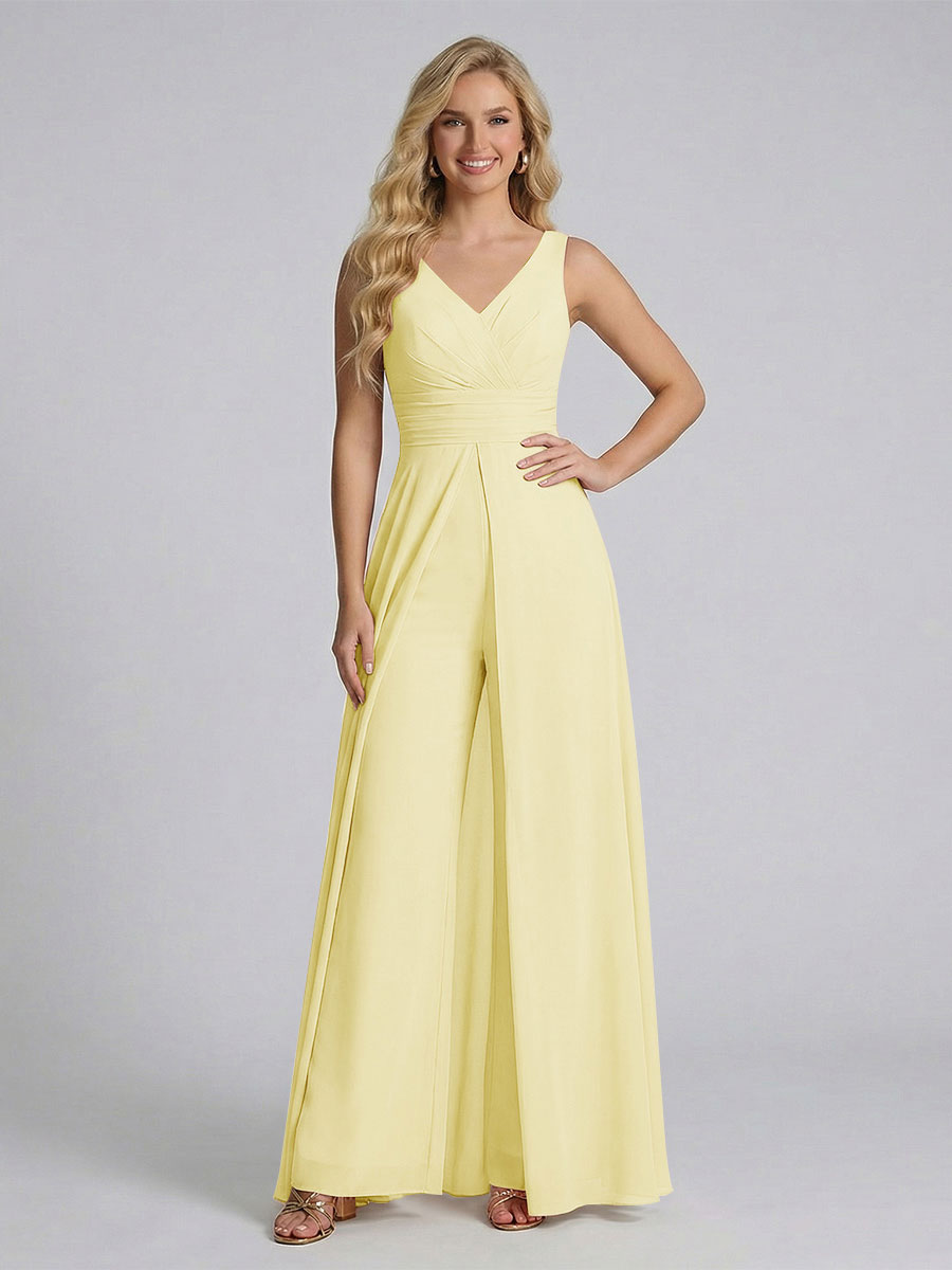 Jumpsuit V-Neck Sleeveless Chiffon Bridesmaid Dresses with Split Side Canary