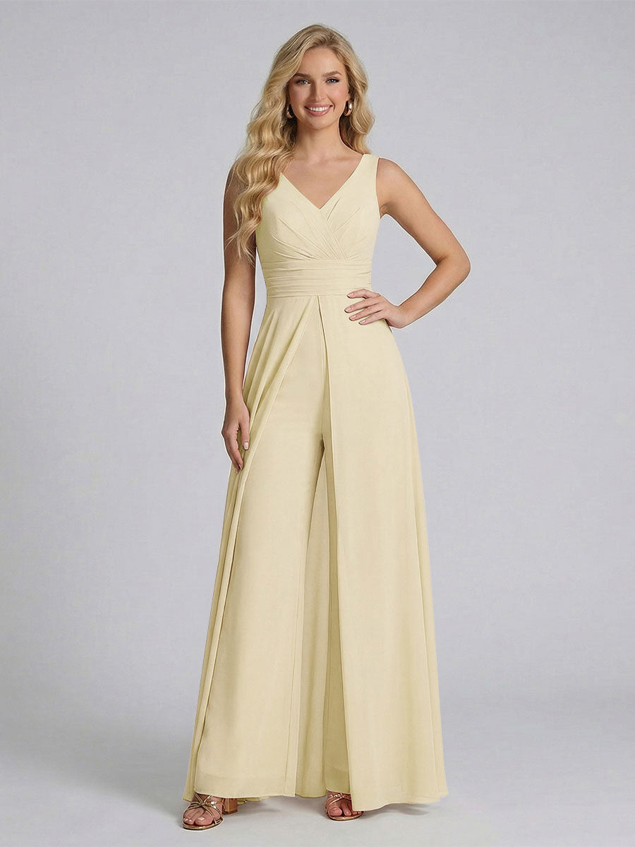 Jumpsuit V-Neck Sleeveless Chiffon Bridesmaid Dresses with Split Side Champagne