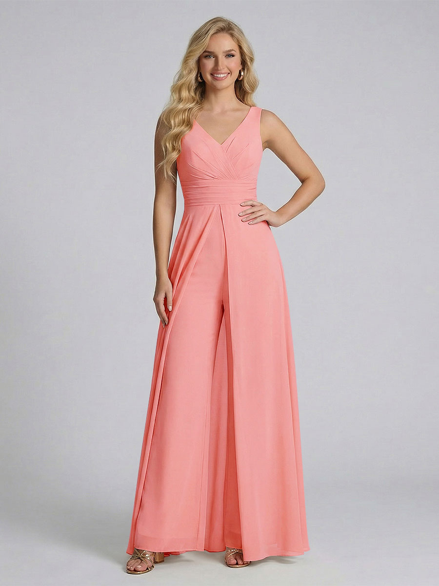 Jumpsuit V-Neck Sleeveless Chiffon Bridesmaid Dresses with Split Side Coral