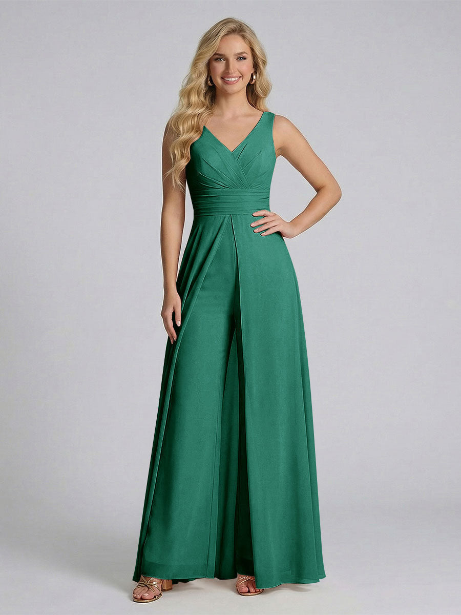 Jumpsuit V-Neck Sleeveless Chiffon Bridesmaid Dresses with Split Side Dark Green
