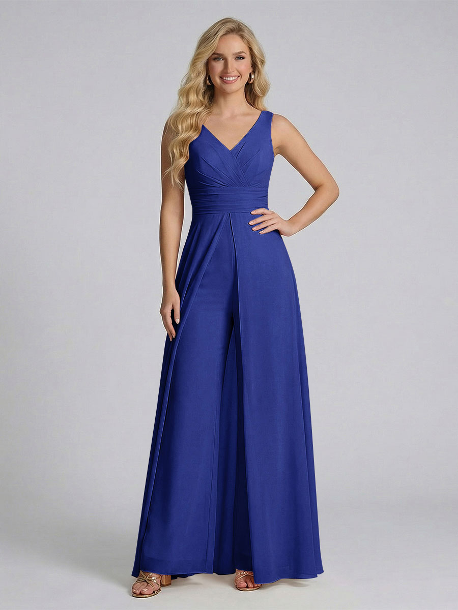 Jumpsuit V-Neck Sleeveless Chiffon Bridesmaid Dresses with Split Side Dark Royal Blue