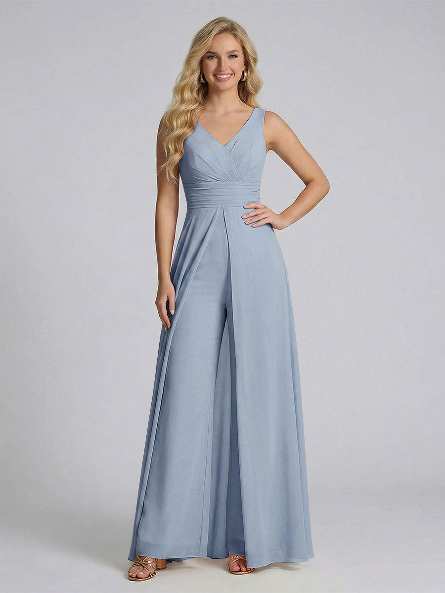 Jumpsuit V-Neck Sleeveless Chiffon Bridesmaid Dresses with Split Side Dusty Blue